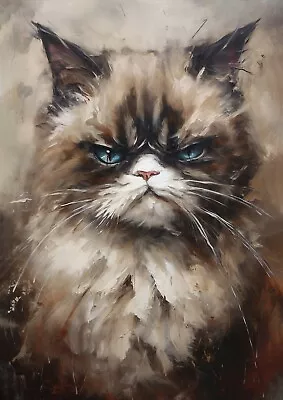 Grumpy Persian Cat Print Oil Painting Wall Art Feline Decor Pet Portrait • £4.99