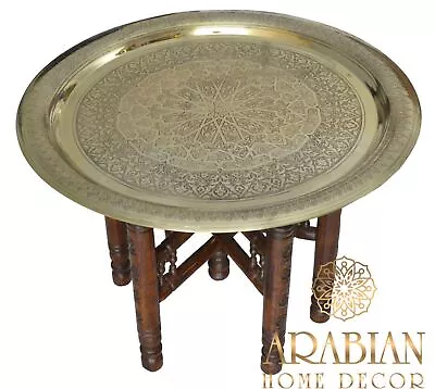 Handcrafted Moroccan 24  Round Brass Tray Tea Table With Folding Wood Stand • $329