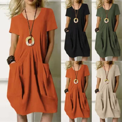 $20.39 • Buy Women Cotton Linen Midi Dress Lady Casual Loose Pockets Short Sleeve Sundress US