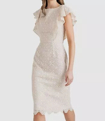 $441 Shoshanna Women's Ivory Flutter-Sleeve Lace Midi Sheath Dress Size 8 • $141.18