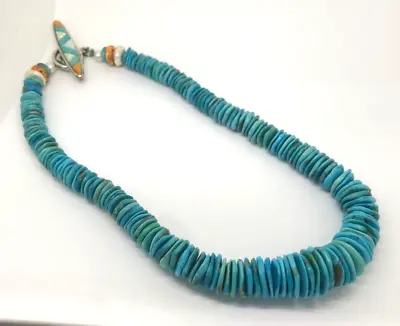 Vintage KC Large Disc Turquoise Necklace W/ Opal Spiny Oyster Clasp 17.5  • $199.98