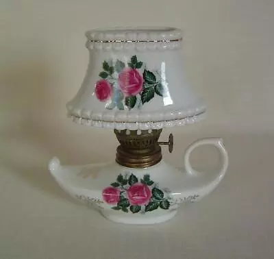 Vtg 5.75  Porcelain Genie Oil Lamp White W/ Floral Moss Roses Mini Aladdin Japan • $14.77