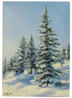 ACEO - Original Miniature Painting Of A Landscape With Snow Trees And Mountains • $18