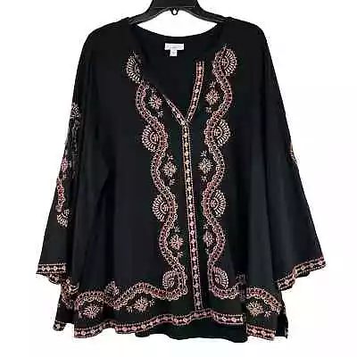 J Jill Embroidered Pullover Top Womens Plus Size 2X Black Tunic V Neck Boho • $29.99