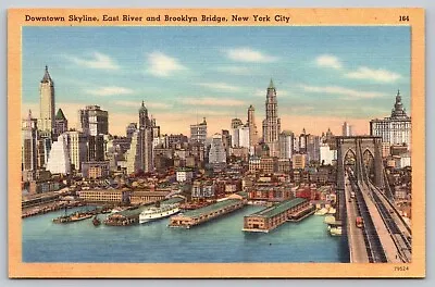 Downtown Skyline East River Brooklyn Bridge New York City NY Vintage Postcard • $4.95