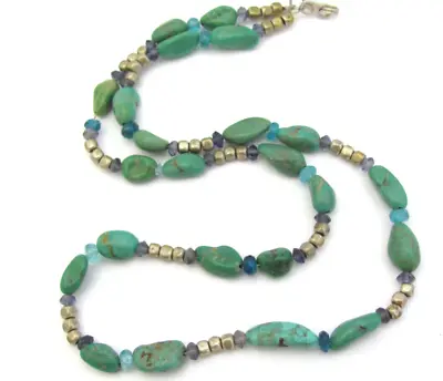 Vintage Turquoise Necklace Rustic Nugget Iolite Quartz Gemstone 18 In Gift • $20