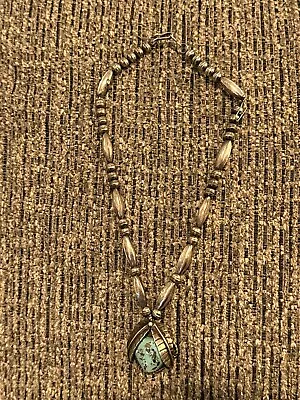 VINTAGE NAVAJO NATIVE AMERICAN SILVER W/ TURQUOISE NECKLACE W/ LEAVES - VERY OLD • $200