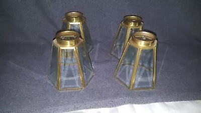 Brass Beveled Glass Lamp Shade Light Fixture Globe Ceiling Fan Hexagon 4 Vtg  • $32