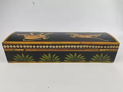 Vintage Wooden Pencil Box Hand Painted Monkeys Brass Closure 12” • $16.99