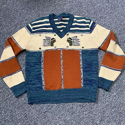 80s Vintage Mens M Novelty Print Sweater JC Penney Striped Indian Heads • $85.74