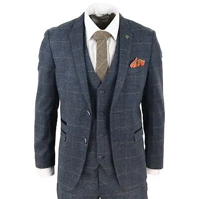 Mens Blue Check 3 Piece Suit Herringbone Tweed Vintage Tailored Fit Grey Velvet • $334.09