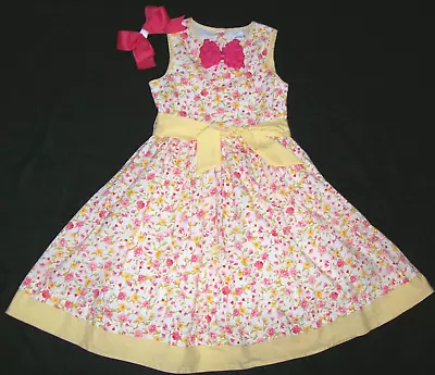 Girl 7: PRECIOUS ~MAGGIE & ZOE~ PINK & YELLOW CHECKED FLORAL DRESSY DRESS & BOW • $17.50