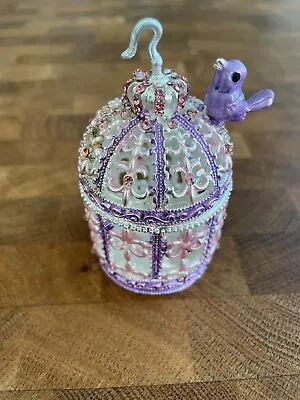 Pink Purple Bird Cage Hand Painted Bejeweled Round Hinged Trinket Jewelry Box • $15