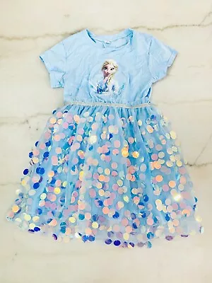 Girls Elsa Disney Frozen Short Sleeve Sequin Blue Dress 5-6T • $14