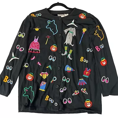 Michael Simon Lite Halloween Embroidered Black Button Sweater Witch Womens Large • $30.59