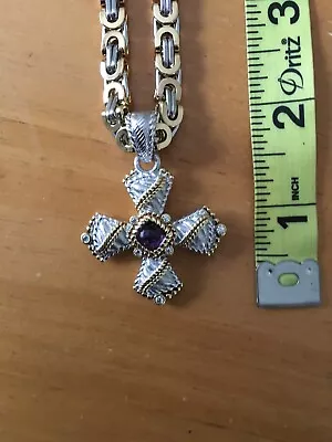 Judith Ripka Silver925 Cross With Amethyst Gemstone Pendant & Byzantine Necklace • $255