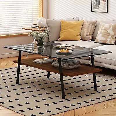 Coffee Table Tempered Glass Top Black Metal Leg Modern Living Room Glass Gray • $128.99