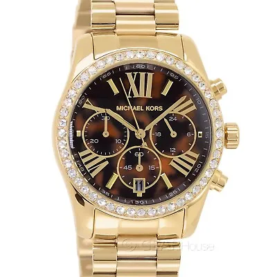 Michael Kors Womens Lexington Lux Glitz Watch Brown Dial Crystals Gold Band • $104.13