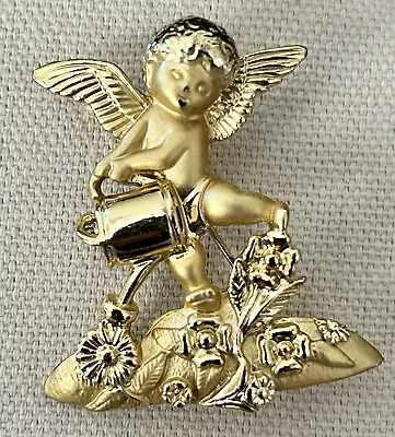 Vtg 1980s AJC Brooch Garden Cherub Cupid Matte & Shiny Gold Tone 2” • $15