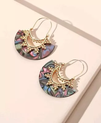 Boho Abalone Shell Hoop Dangle Drop Fan Earrings Handmade Retro Hippy Jewelry  • £8.99