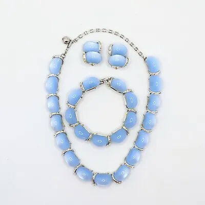 $58 • Buy Vtg Signed Kramer Blue Moonglow Set Necklace Bracelet Clip On Earring Rhinestone