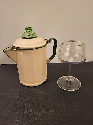 Antique Enamel Coffee Pot With Green Glass Percolator - 1930s • $43