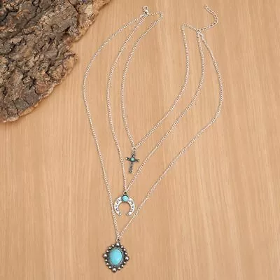 Vintage Fashion Multi Layred Turquoise Moon Pendants Necklace For Women Silver • $7.79