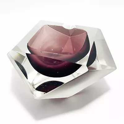 MURANO Vintage 60s 70s Faceted Clear Frosted & Amethyst Sommerso Glass Ashtray • $155.99