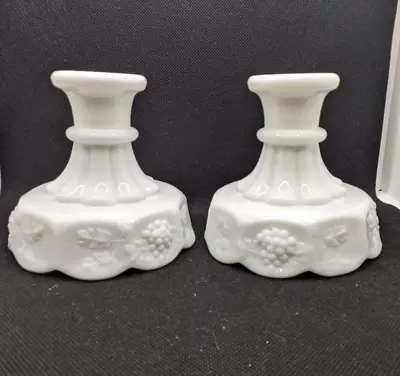 Set 2 Westmoreland White Milk Glass Grape Paneled Skirted Candle Stick Holders • $16