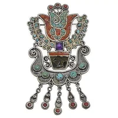 Matl Matilde Poulat / Salas Mexican Jeweled Sterling Silver Pin 3 1/8  • $450