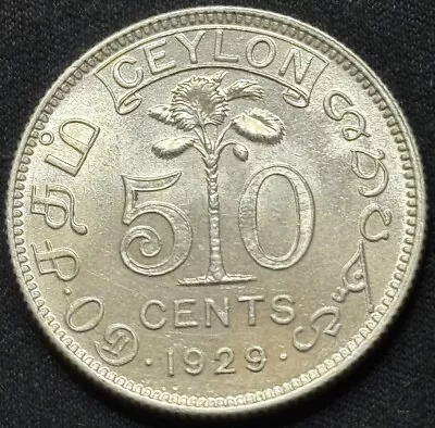 1929 Ceylon 50 Cent George V Silver Coin UNC • £24.95