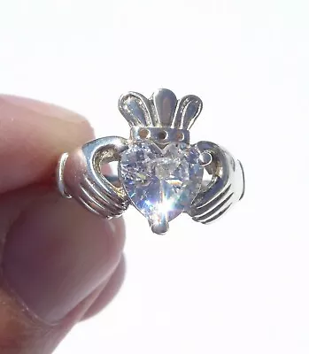 Vintage Sterling Silver Diamonique Cubic Zirconia Claddagh Ring Size 6 • $45