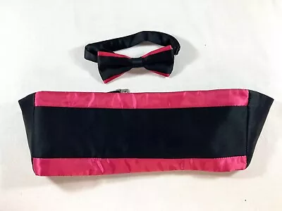 Men's Vintage 80s Prom Black Cummerbund & Bow Tie Set Black With Fuchsia Edging • $7