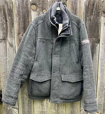 Mens Large Abercrombie & Fitch Coat Peacoat Grey Zip And Buttons Quilted Lining • $75