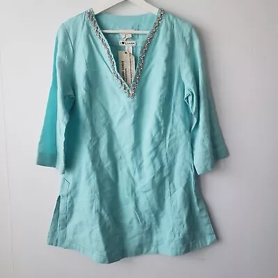 Malvin 100% Linen Tunic V-Neck Rhinestones Turquoise 3/4 Sleeve Top Size L • $24.99