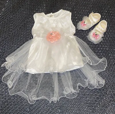 Baby Girls Occasion Dress And Shoes Christening Baptism Wedding Pary 6/9 M • £9.99