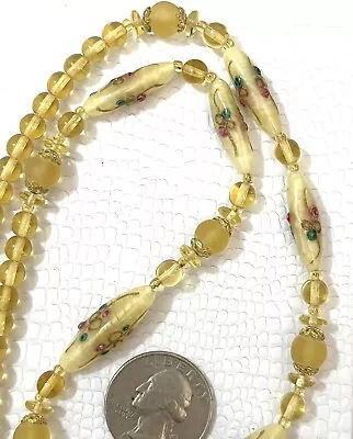 Vintage Wedding Cake Necklace Yellow Venetian Glass Italy Estate Oblong Beads • $52