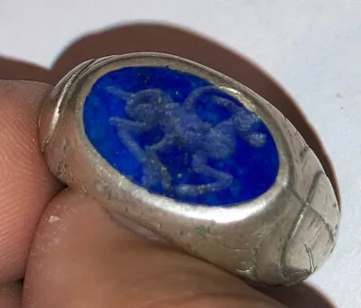 Antique Silver Middle Eastern Size 8 Ring Ancient Roman Deer Blue Intaglio • $200