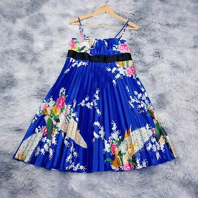 $44.95 • Buy Vtg Review Ladies Japanese Oriental Pleated Floral Dress [12] Blue Satin 90s Y2K