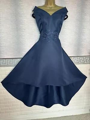 Chi Chi London Off Shoulder Assymetric Skirt Navy Blue Occasion DRESS SIZE 16 • £7.77