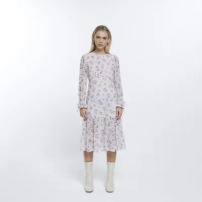 £7 • Buy River Island Womens Midi Dress Petite Beige Floral Long Sleeve Stylish