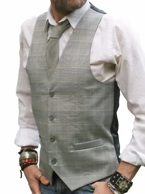 Mens Grey Gray And Yellow Check Waistcoat Slim Fit Vest - 34  36  38  40  • $24.83