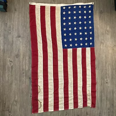 Vintage WW 2 Era 48 Star Linen American US Flag Distressed 54 X 34” Sewn Stripes • $74.88