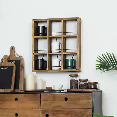 Wall Mounted Rustic Burnt Wood Coffee Mug Display Rack Mug Cup Shadow Box Shelf • $65.99