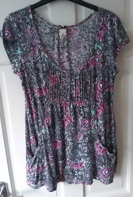 Mistral Pretty Cotton Jersey Printed Tunic Top Short Sleeve Pockets UK 12 VGC  • £12.50