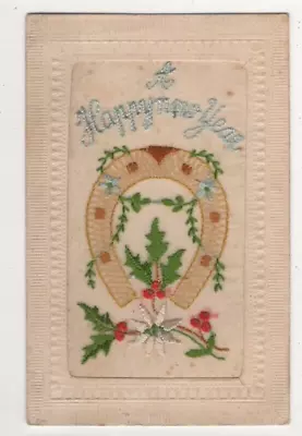 WW1 Embroidered Silk Postcard Happy New Year Horseshoe Holly Military 1914-1918 • £4