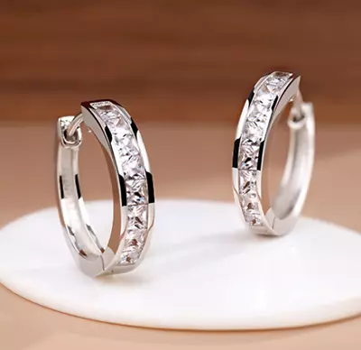 925 Sterling Silver Plated Square Cz Huggie Hoop Earrings 16mm Women Men PE28 • $5.95