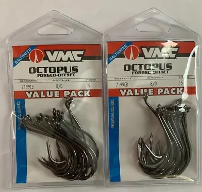 30 VMC 7199CB Coastal Black Faultless Forged Offset Octopus Fish Hooks Size 8/0 • $13.99