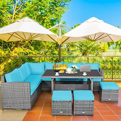 Patiojoy 7 PCS Patio Rattan Dining Set Sectional Sofa Couch Outdoor Turquoise • $639.99