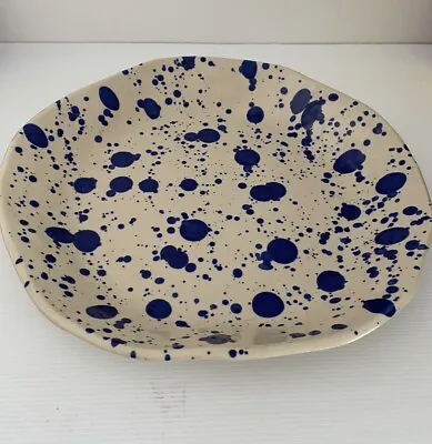 Ikea Jassa Beige Large Platter Bowl Blue Splatter Polka Dots 2017 Stoneware • $25